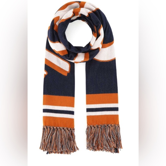 Burberry Script-Logo Cotton Scarf in Navy with Orange Trim - Picture 2 of 6